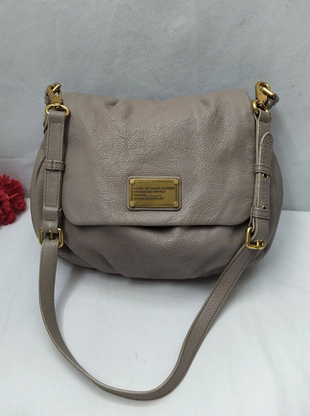 Marc By Marc Jacobs Beige Pebbled Leather Flap Closure Crossbody Shoulder Bag